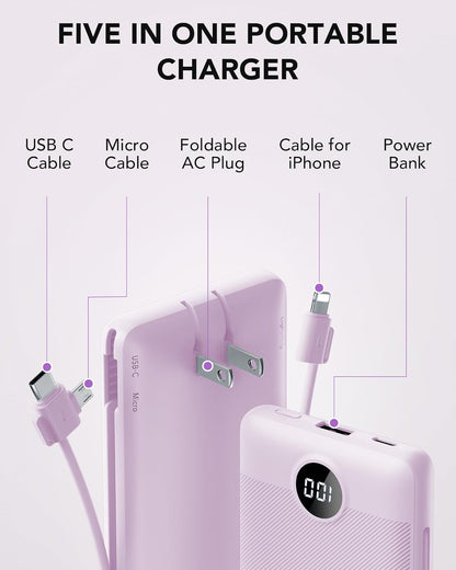 Portable Charger Built-in Cables and AC Wall Plug, VRURC USB C Power Bank 10000mAh, [2025 Upgraded Version] Phone Charger Compact Lightweight External Battery Pack for Smart Phones,Navy Blue