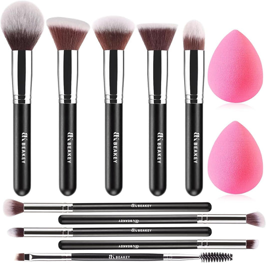 BEAKEY Makeup Brush Set Professional for Eye and Face, Foundation Blending, Eyeshadow, Concealer, Eye Shadow with 2 Blender Sponge, Paper Case, Gifts for Women