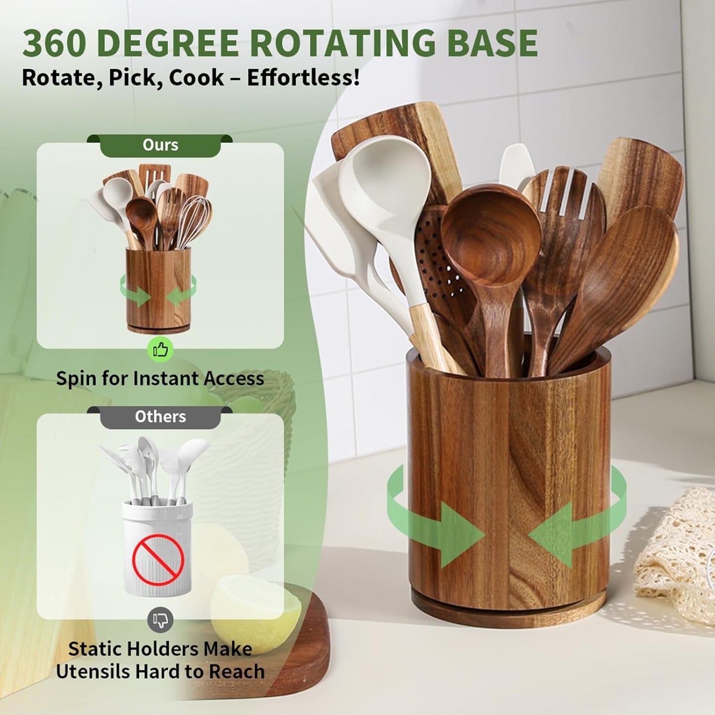 Wooden Utensil Holder | Rotating Utensil Organizer | Kitchen Counter Storage Crock | Farmhouse Countertop Decor | Cooking Utensil Stand - PuriLite