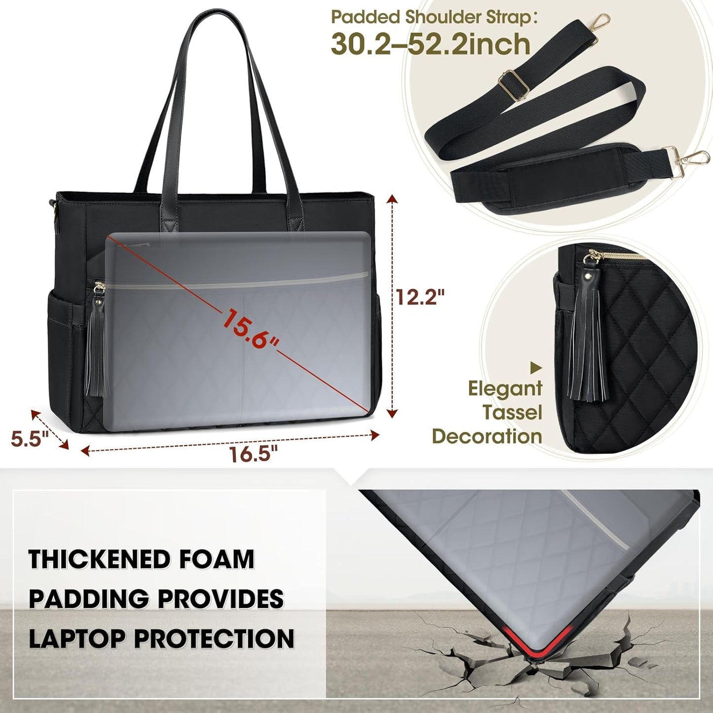 RAINSMORE Laptop Bag For Women 15.6 Inch Work Teacher Tote Bag Waterproof Nurse Bag Large Handbag Shoulder Travel Computer Messenger Bag Briefcase,Black - PuriLite
