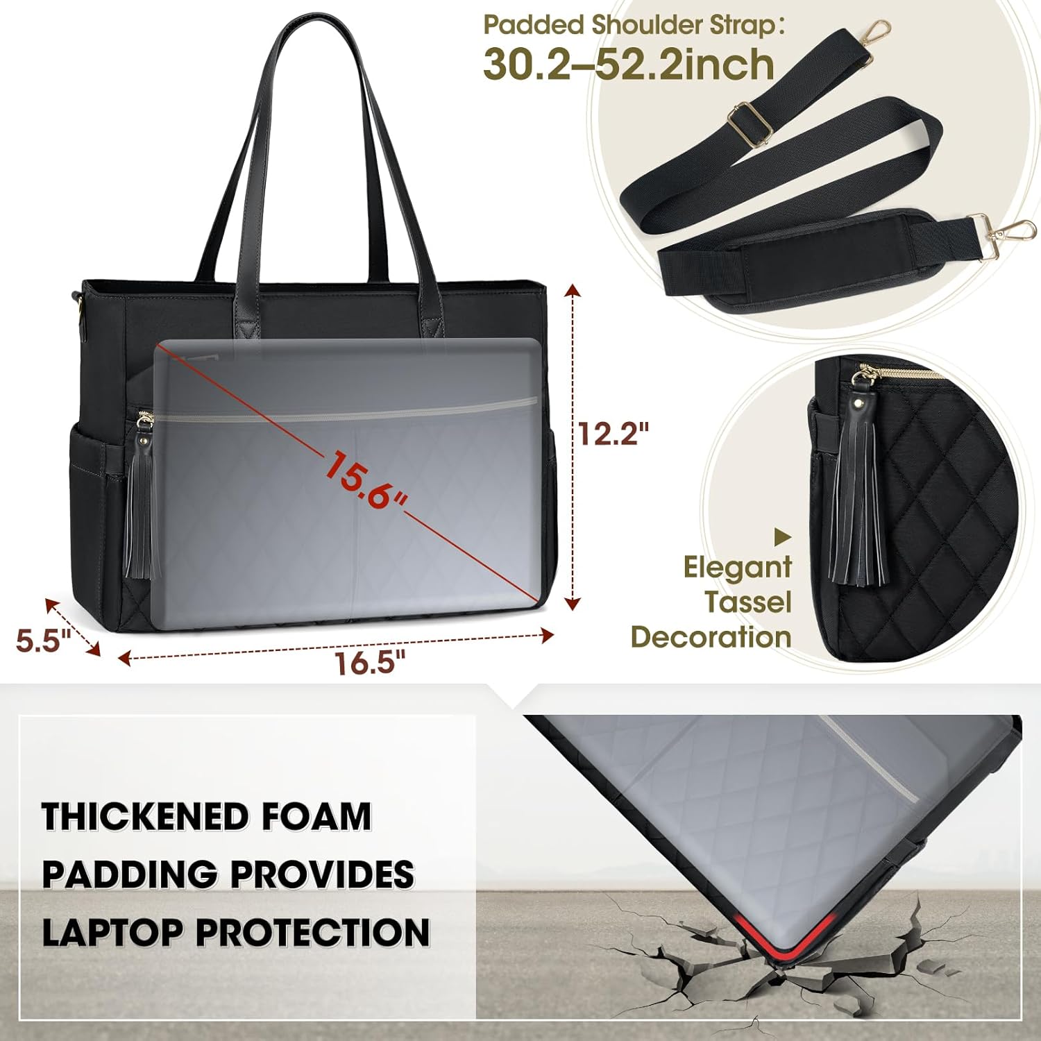 RAINSMORE Laptop Bag For Women 15.6 Inch Work Teacher Tote Bag Waterproof Nurse Bag Large Handbag Shoulder Travel Computer Messenger Bag Briefcase,Black - PuriLite