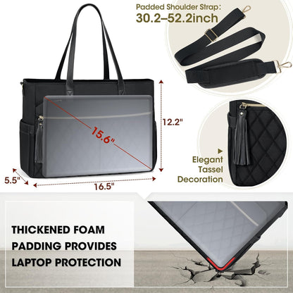 RAINSMORE Laptop Bag For Women 15.6 Inch Work Teacher Tote Bag Waterproof Nurse Bag Large Handbag Shoulder Travel Computer Messenger Bag Briefcase,Black - PuriLite
