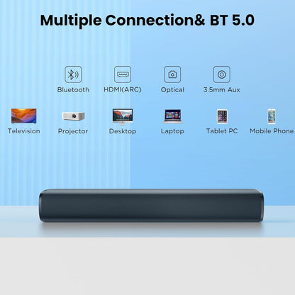 MZEIBO 50W Mini TV Sound Bar, Bluetooth Sound Bar with ARC/Optical/AUX, Compact Surround Sound System for Smart TVs, PCs, Projectors & Gaming