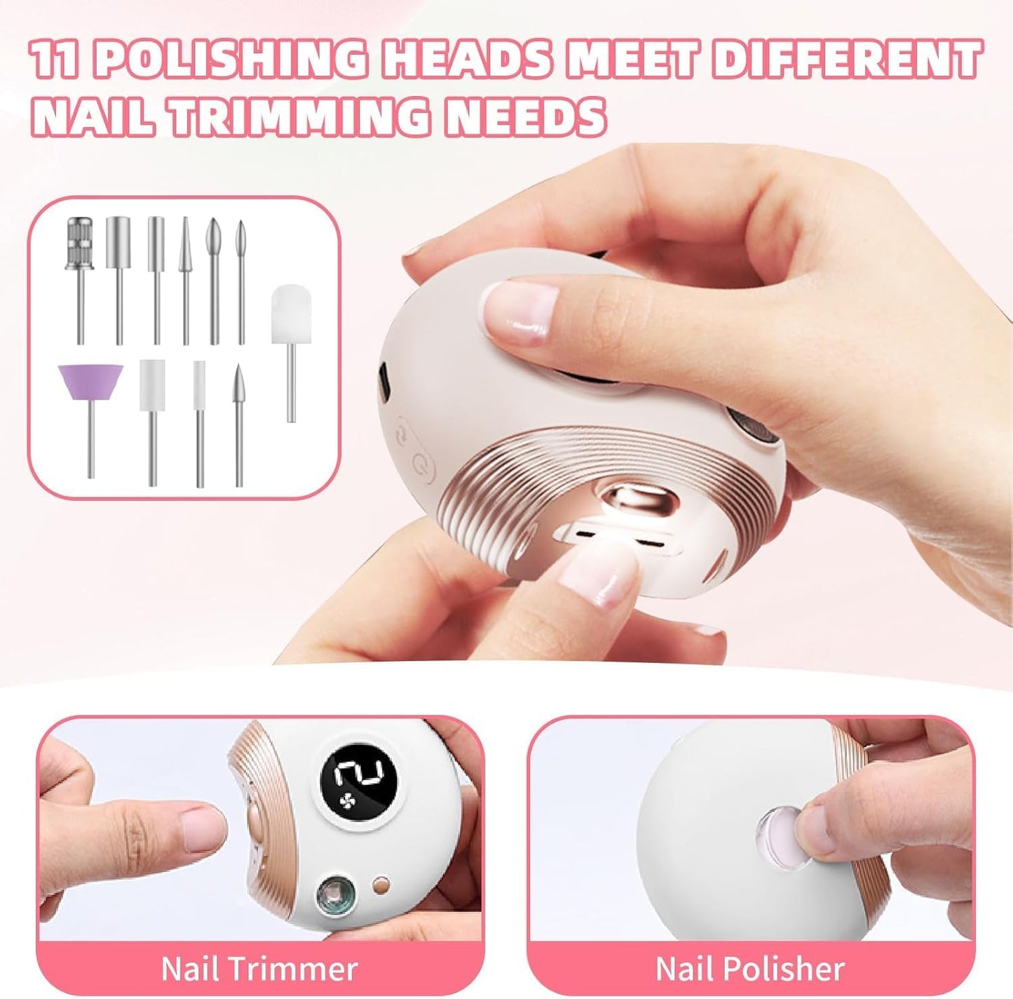 Electric Nail Clipper for Baby with LED Light, 2 in 1 Automatic Baby Nail Trimmer and File with Nail Scraps Storage for toddler, infant, Newborn, Adult, 2 Speeds, USB Rechargeable, White
