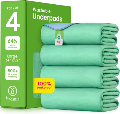 IMPROVIA® Washable Underpads, 34" x 36" (Pack of 4) - Heavy Absorbency Reusable Bedwetting Incontinence Pads for Kids, Adults, Elderly, and Pets - Waterproof Protective Pad for Bed, Couch, Sofa, Floor