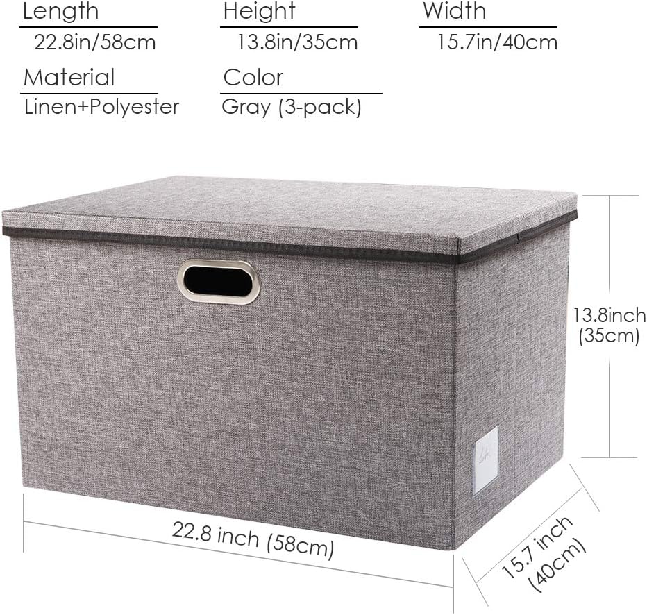 PRANDOM Large Foldable Storage Bin with Lid [1-Pack] Linen Fabric Decorative Storage Box Organizer Containers Basket Cube with Handles Divider for Bedroom Closet Office Living Room (17.7x11.8x11.8")
