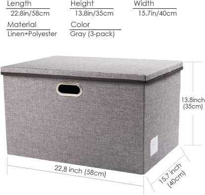 PRANDOM Large Foldable Storage Bin with Lid [1-Pack] Linen Fabric Decorative Storage Box Organizer Containers Basket Cube with Handles Divider for Bedroom Closet Office Living Room (17.7x11.8x11.8")