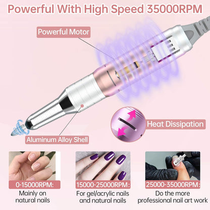 Delanie Professional Nail Drill High Torque 35000 RPM Rechargeable Portable Electric Nail File for Acrylic & Gel, High Speed, Low Heat, Low Vibration, Rose Gold