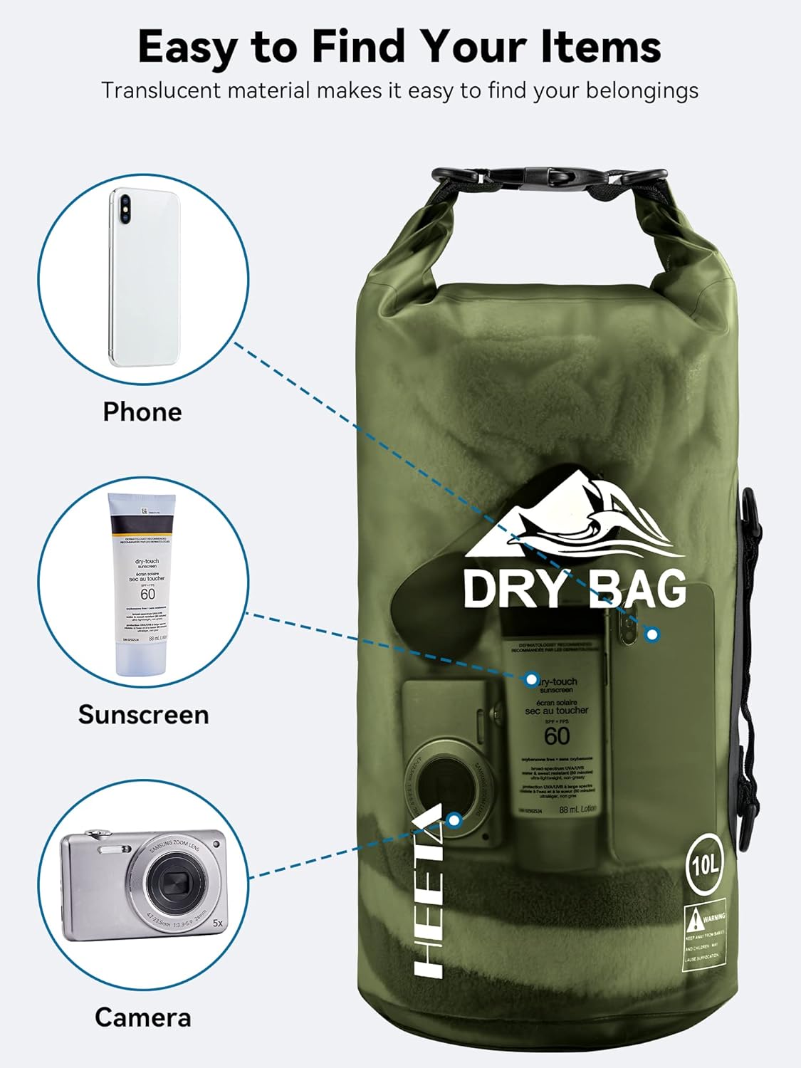 HEETA Dry Bag Waterproof for Women Men, 5L/10L/20L/30L/40L Roll Top Lightweight Dry Storage Bag Backpack with Phone Case for Travel Swimming Boating Kayaking Paddle Board Camping Beach Accessories