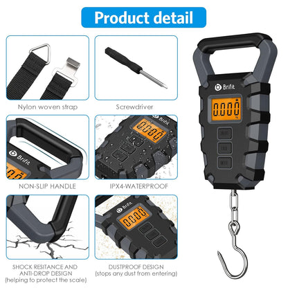 Upgraded Digital Fishing Scale with Ruler, 15g/50kg Electronic Digital Luggage Scale, 110lb Max Fishing Postal Hanging Hook Scale with Measuring Tape, Backlit LCD Display (Batteries Included)