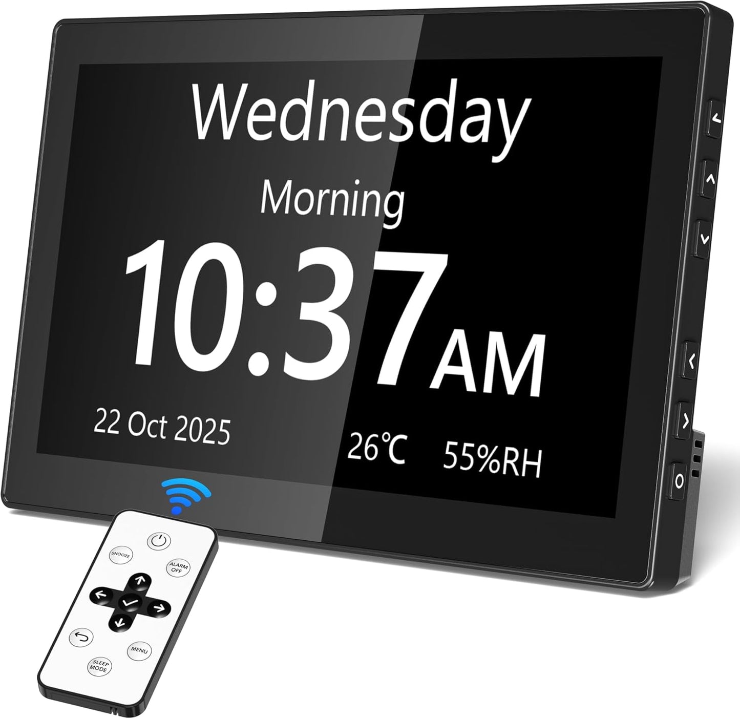10.1'' Large Display Dementia Clock for Seniors, Calendar Clock with Remote Control,12 Themes, 20 Alarms, 20 Reminders, 6 Languages, Auto Dimming, 12/24 Hours, Indoor Temperature, Humidity