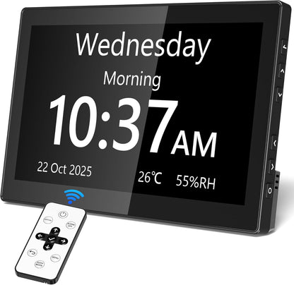 10.1'' Large Display Dementia Clock for Seniors, Calendar Clock with Remote Control,12 Themes, 20 Alarms, 20 Reminders, 6 Languages, Auto Dimming, 12/24 Hours, Indoor Temperature, Humidity
