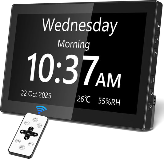 10.1'' Large Display Dementia Clock for Seniors, Calendar Clock with Remote Control,12 Themes, 20 Alarms, 20 Reminders, 6 Languages, Auto Dimming, 12/24 Hours, Indoor Temperature, Humidity