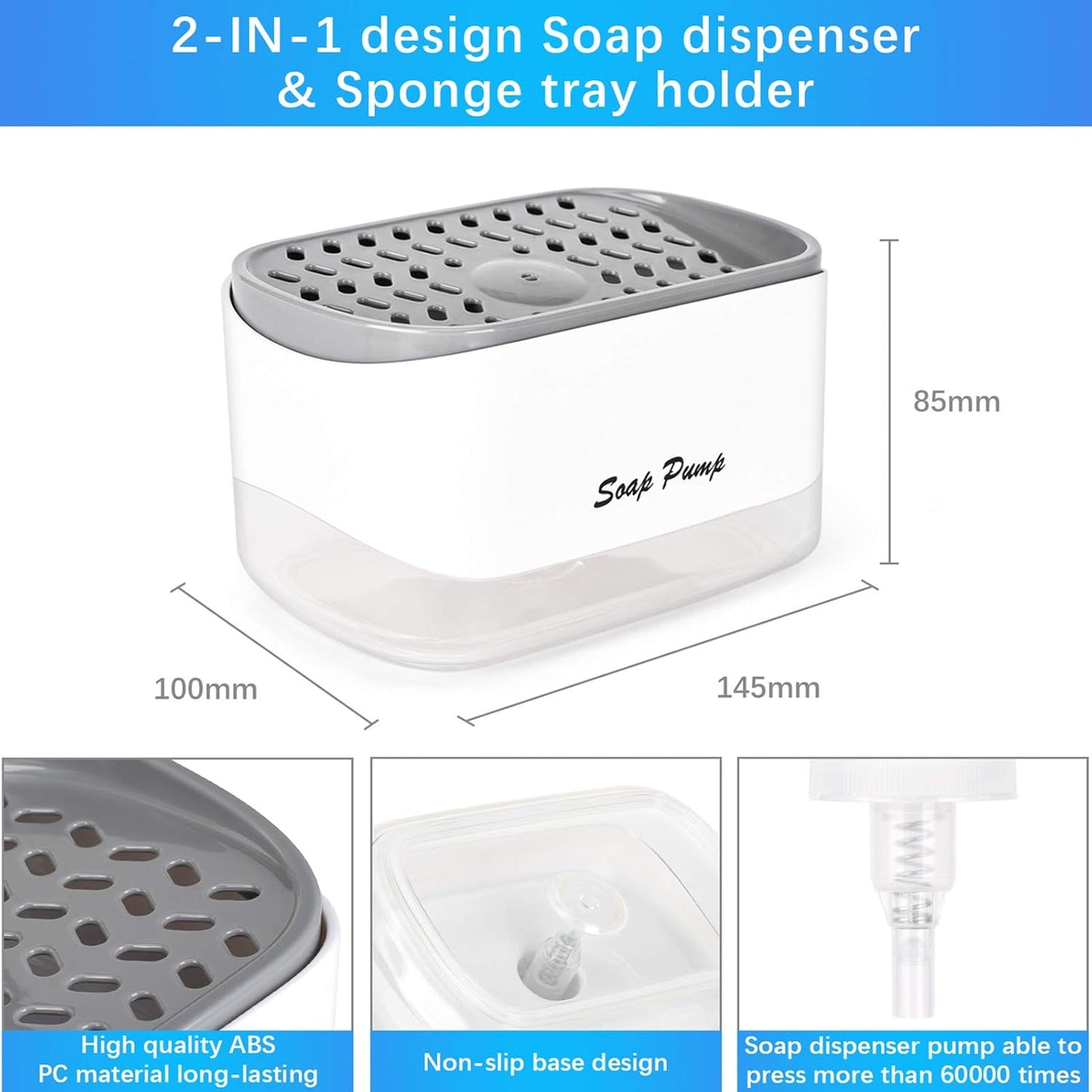 Kitchen Dish Soap Dispenser with Sponge Holder – 2-in-1 Countertop Soap Pump for Kitchen Sink, Easy One-Hand Dispensing, Large Capacity 12.5 oz, BPA-Free, Modern Dishwashing Accessory