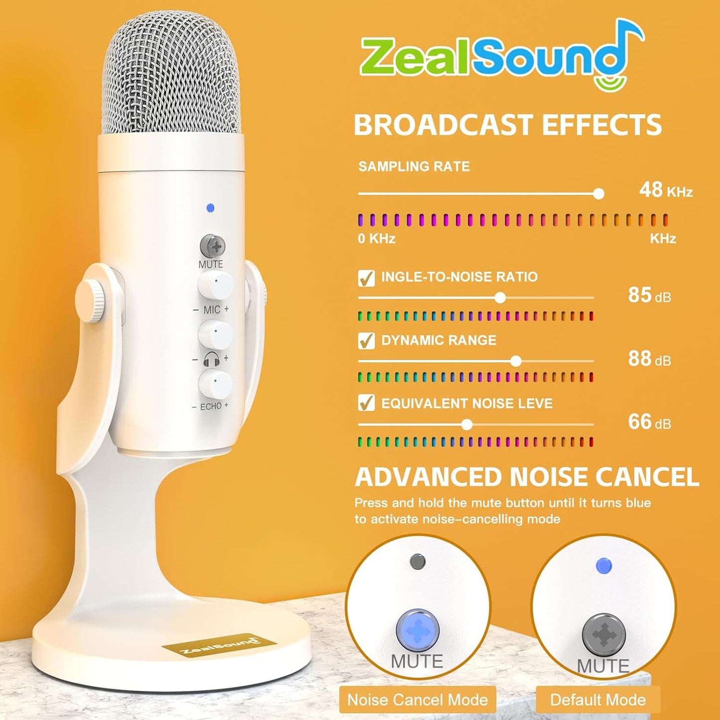 ZealSound Podcast Microphone, Noise Cancellation Mic with Gain, Volume Adjustment & Mute Button, Monitor & Echo, for ASMR, Vocal Recording, YouTube, TikTok, PC, iPhone, iPad, Android, Mac, K66, White