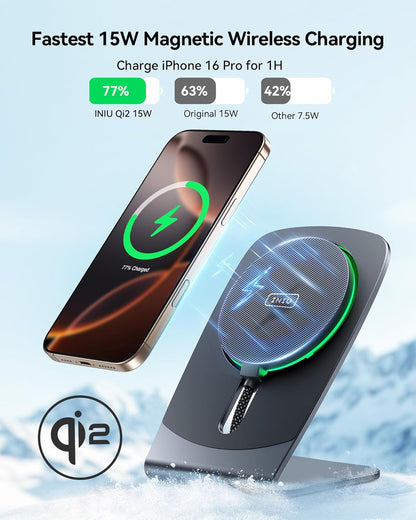 INIU Wireless Charger, 15W Fast Charging Magnetic Wireless Charger Stand, Travel Essential Wireless Charging Station with Sleep-Friendly Adaptive Light, for iPhone 16/15/14/13/12 Series, Airpods