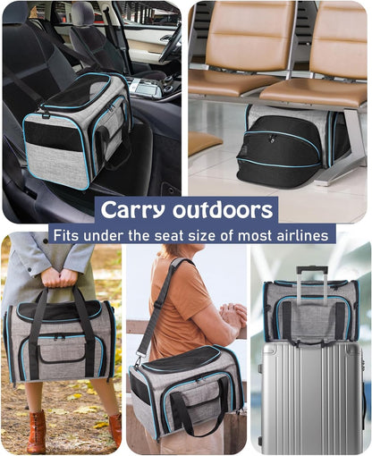 Siivton Cat Carrier,4 Sided Expandable Pet Carrier for Travel,Collapsible Soft-Sided Carriers with Removable Fleece Pad and Shoulder Straps,Airline Approved(17.5"x 11"x 11")