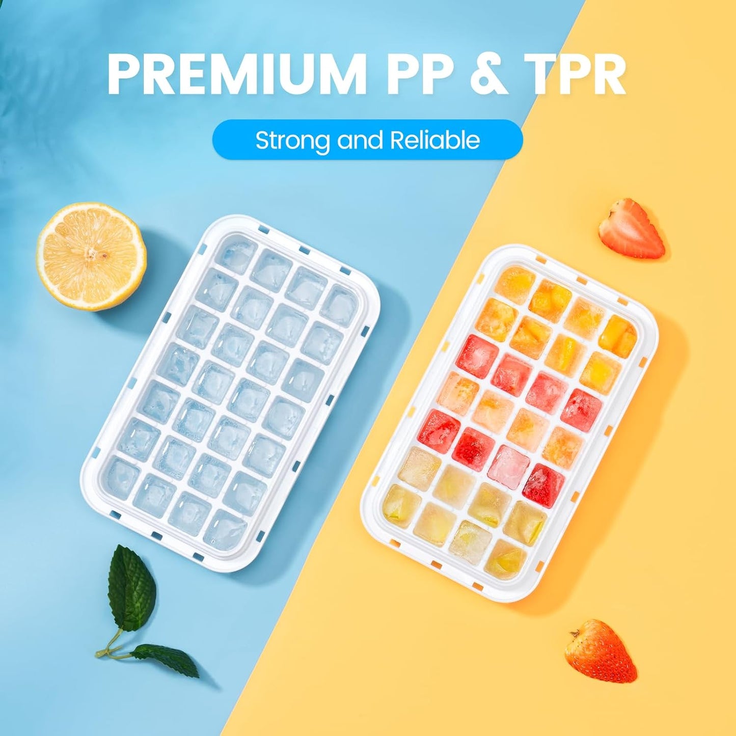 PHINOX Ice Cube Tray with Lid and Bin, Easy Release 56 Cubes for Freezer | Food-grade BPA-free PP and ABS.0.8" mini cubes for fruit, cocktails, coffee. Airtight, odor-free, stackable with scoop