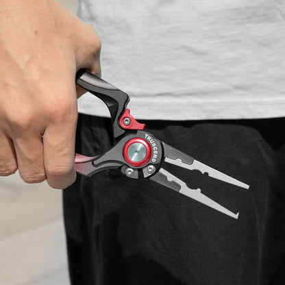 TRUSCEND Lockable Handy Fishing Pliers with Innovative Ergonomic Handle, Saltwater Corrosion Resistant Teflon Coated Fishing Tool, Multi-Function Fishing Gear with Mo-V Cutter, Amazing Fishing Gift