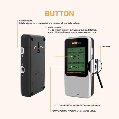 Digital Radon Detector III, Tempered Glass, 300 DPI Screen, Easy to Use, White, Bq/M3, pCi/L, Switchable, 3 AAA Batteries Lasting More Than 1 Year
