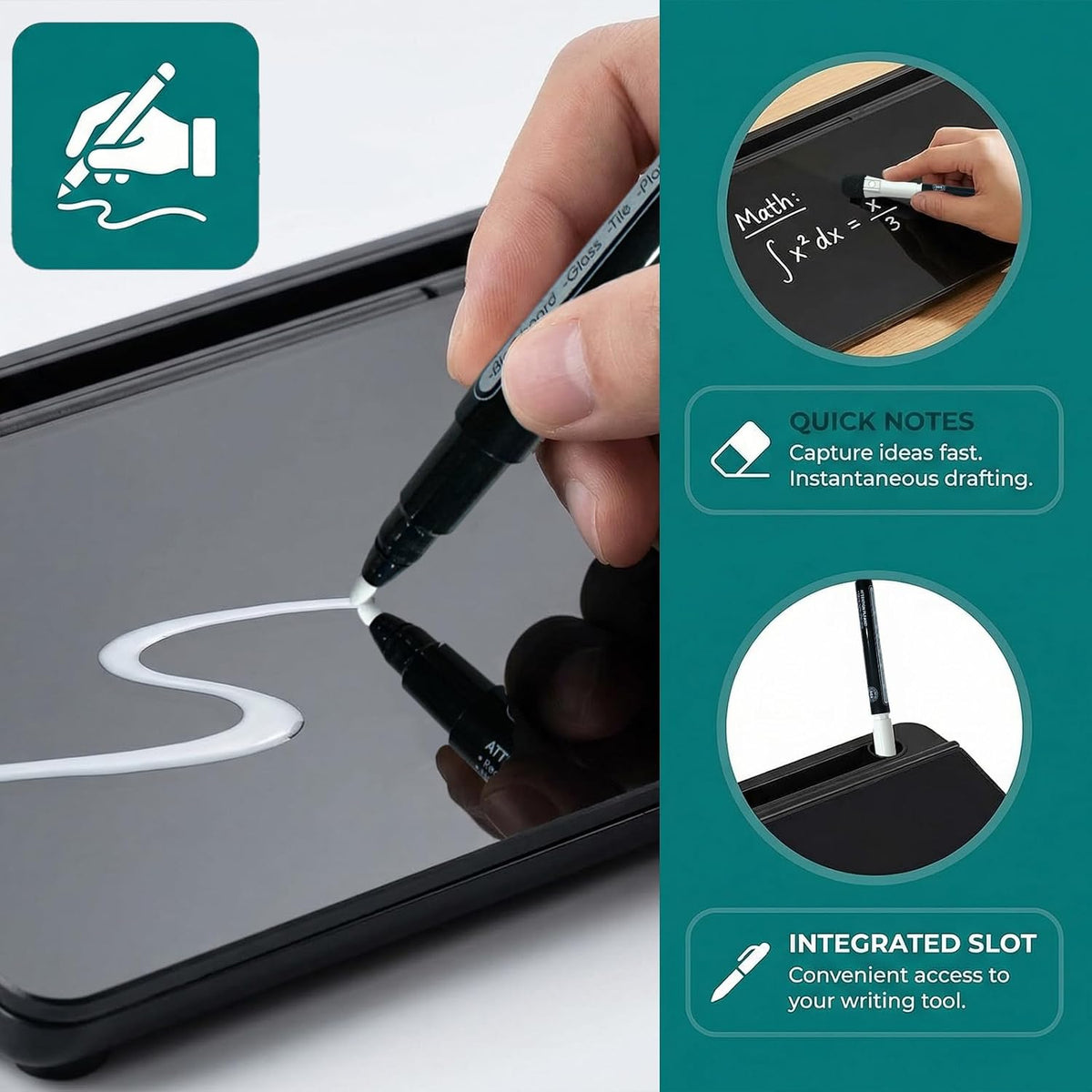 Ideal Swan Glass Desk Whiteboard with Storage, Black Desktop Whiteboard
