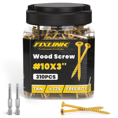Wood Screws 3 Inch, FIXLINK Deck Screws #10 x 3, 310pcs, Epoxy Coated, T25 Star Bit Above 1500 Hour Salt Spray Coating Outdoor Decking Screws Excellent Rust Resistant for Outdoor Wood Fence