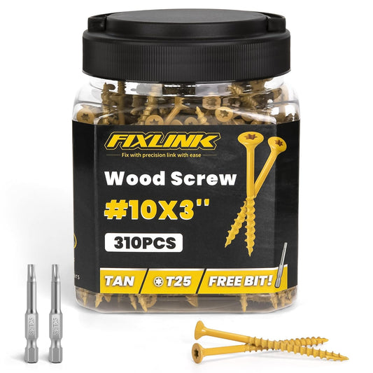 Wood Screws 3 Inch, FIXLINK Deck Screws #10 x 3, 310pcs, Epoxy Coated, T25 Star Bit Above 1500 Hour Salt Spray Coating Outdoor Decking Screws Excellent Rust Resistant for Outdoor Wood Fence