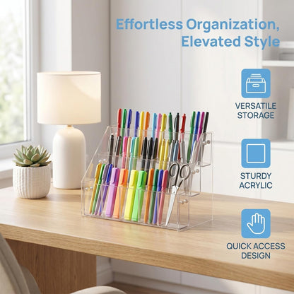Luxshiny Acrylic Pen Holder Pencil Organizer with 3-tier Right Angle Design, Marker Storage Rack for Desk Stationery Display, Plastic Pen Container Suitable for Office and School Supplies