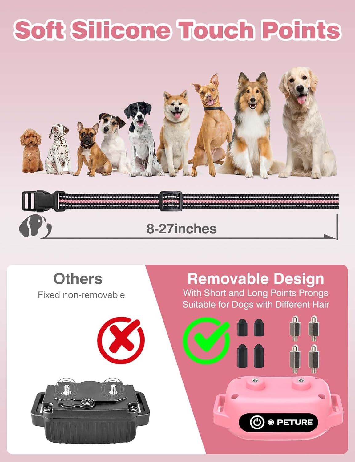 Peture Shock Collar with Remote -Long Range Control Training Collar for Dogs Rechargeable IPX7 Waterproof Dog Training Collar for Large Medium Small Dogs 3 Chanal (Pink)