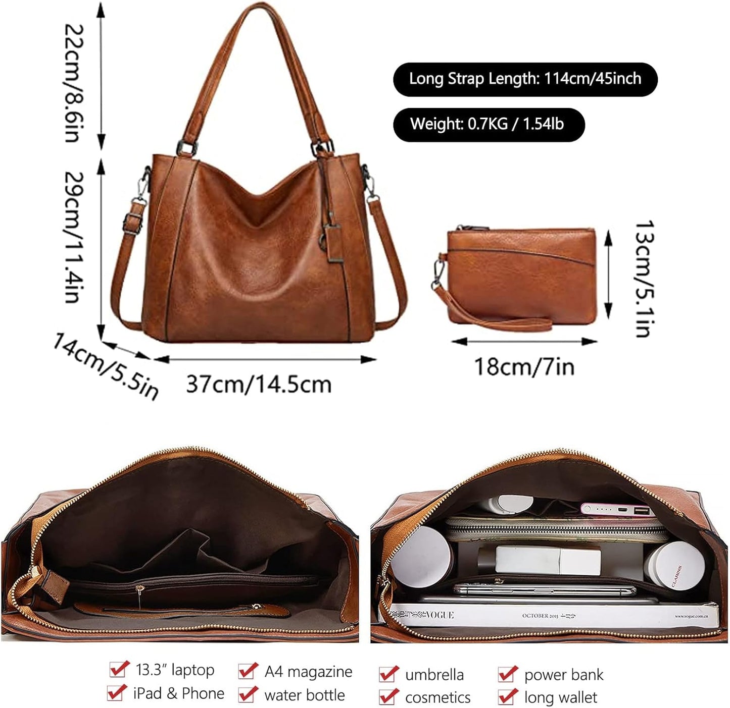 Hobo Bags for Women Handbags Purse Ladies Boho Shoulder Bag Crossbody Purses PU Leather Brown 2PCS