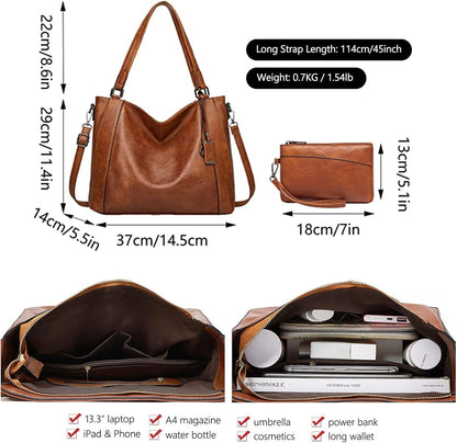 Hobo Bags for Women Handbags Purse Ladies Boho Shoulder Bag Crossbody Purses PU Leather Brown 2PCS