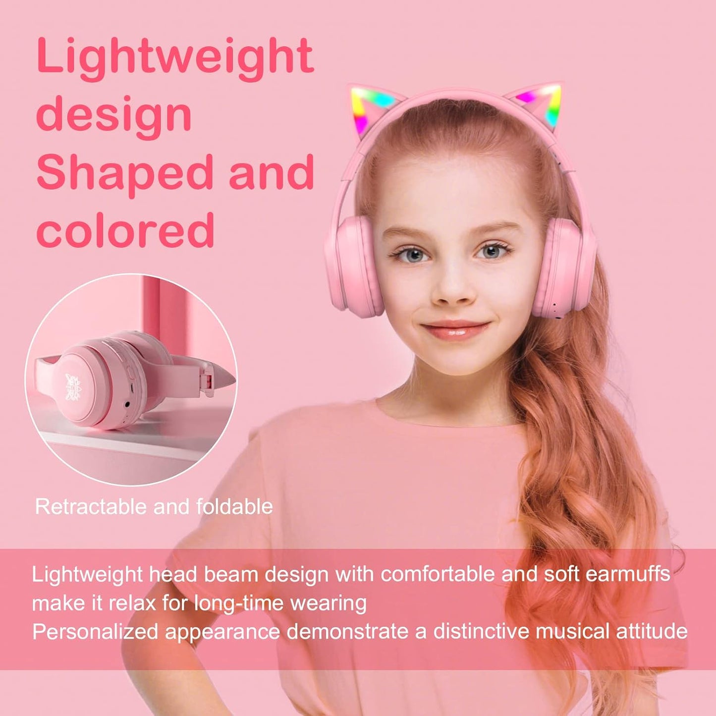 Bluetooth Cat Ear Headphones for Kids & Adults, Wireless Wired Dual Channel, SIMGAL Foldable Over-ear Headsets with RGB Lights, Control Volume & Built-in Mic, For Cell Phones/PC/Tablet/Laptop (A Pink)