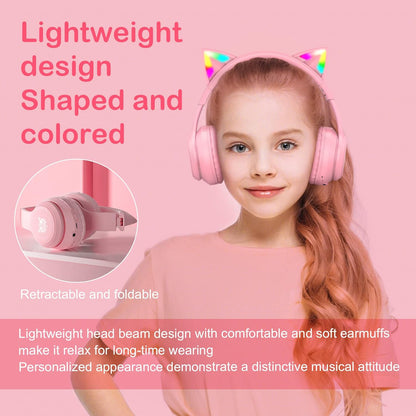 Bluetooth Cat Ear Headphones for Kids & Adults, Wireless Wired Dual Channel, SIMGAL Foldable Over-ear Headsets with RGB Lights, Control Volume & Built-in Mic, For Cell Phones/PC/Tablet/Laptop (A Pink)