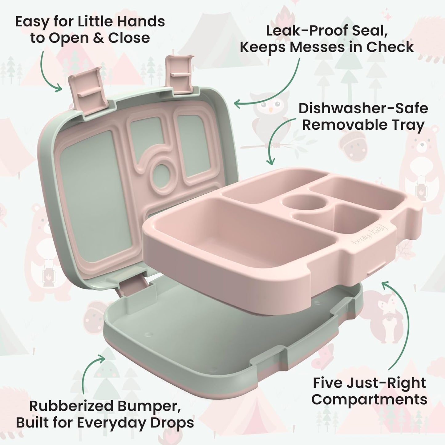 Bentgo Kids Prints Leak-Proof, 5-Compartment Bento-Style Kids Lunch Box - Ideal Portion Sizes for Ages 3-7, Durable, Drop-Proof, Dishwasher Safe, & Made with BPA-Free Materials (Nature Adventure)
