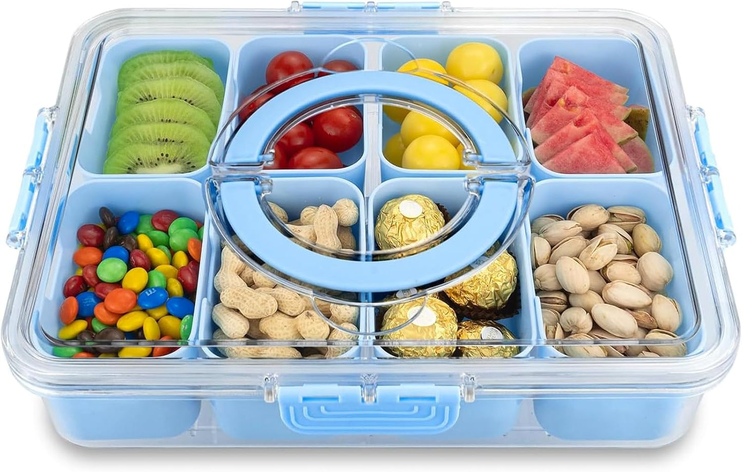 KIGITIONE Snackle Box, Pink 8 Compartments Portable Serving Tray, Divided Snackle Box Container with Lid and Handle, Snack Organizer for Fruits, Snacks, Nuts, Candy, Ideal for Party, Travel & Picnics