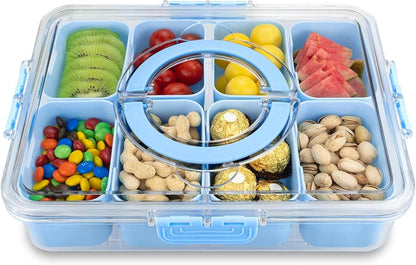 KIGITIONE Snackle Box, Pink 8 Compartments Portable Serving Tray, Divided Snackle Box Container with Lid and Handle, Snack Organizer for Fruits, Snacks, Nuts, Candy, Ideal for Party, Travel & Picnics