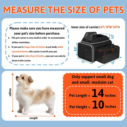 Petskd Top and Side Expandable Pet Carrier 17x12x8.5 Inches JetBlue Frontier Spirit Airline Approved, Soft-Sided Carrier for Small Cats and Dogs with Locking Safety Zipper and Anti-Scratch Mesh(Black)