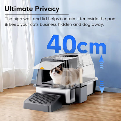 TENTIZON Stainless Steel Cat Litter Box, Extra Large Enclosed Kitty Litter Box with Removable Lid, Scoop, Pedal, XL High Sided Metal Litter Pan for Kitten, Big Cats Up to 11KG