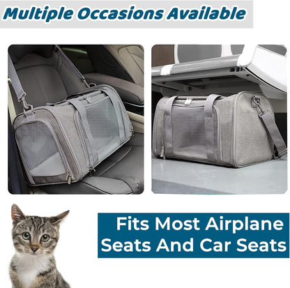 ORYEDA Cat Carrier Bag, Dog Travel Carriers, Airline Approved Soft-Sided Pet Carrier for Small Medium Cats and Small Dogs, Portable Carrier with 4 Open Doors and 3 Mesh Windows, Grey, Collapsible