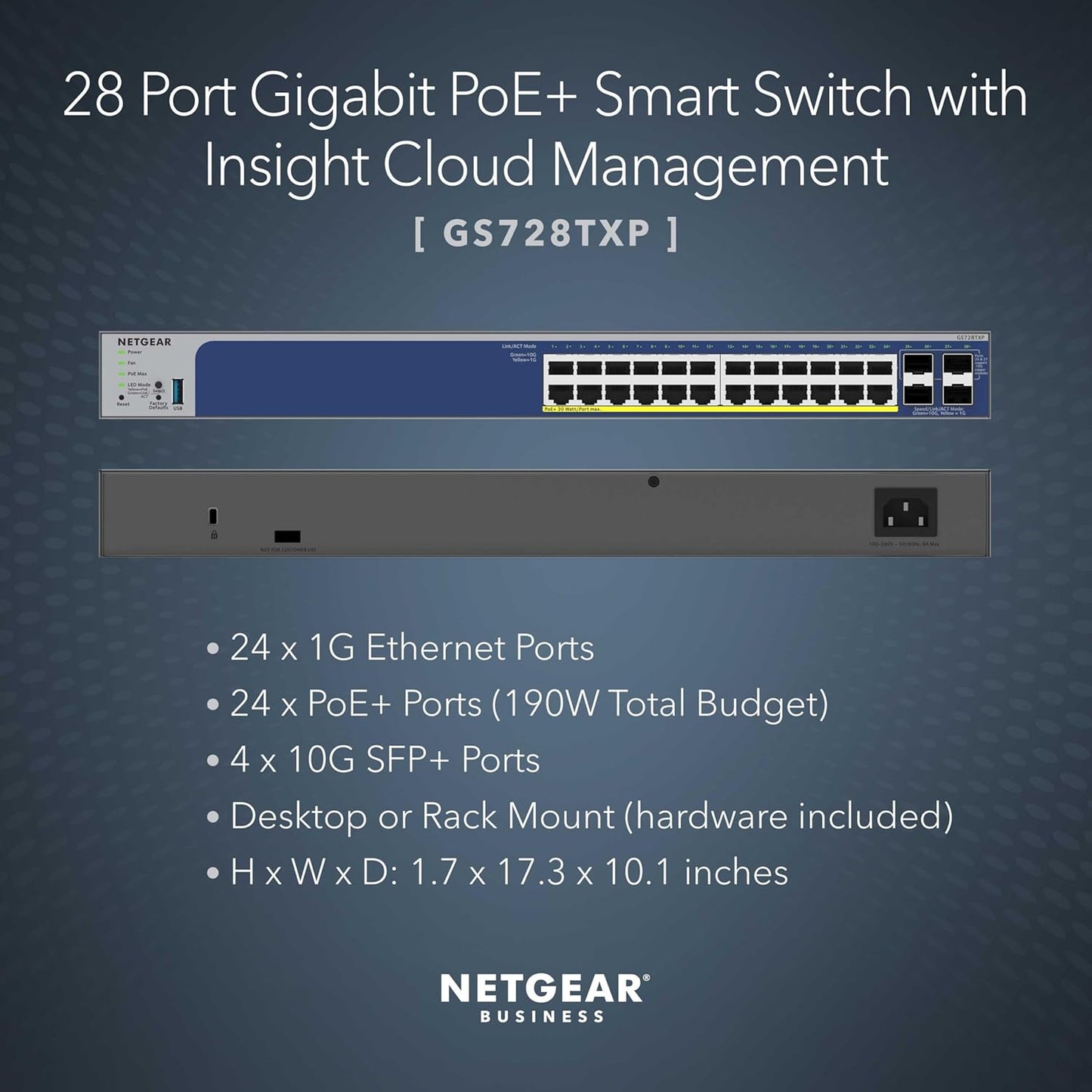 NETGEAR 26-Port PoE Gigabit Ethernet Smart Switch (GS724TP) - Managed, 24 x 1G, 24 x PoE+ @ 190W, 2 x 1G SFP, Optional Insight Cloud Management, Desktop or Rackmount, and Limited Lifetime Protection