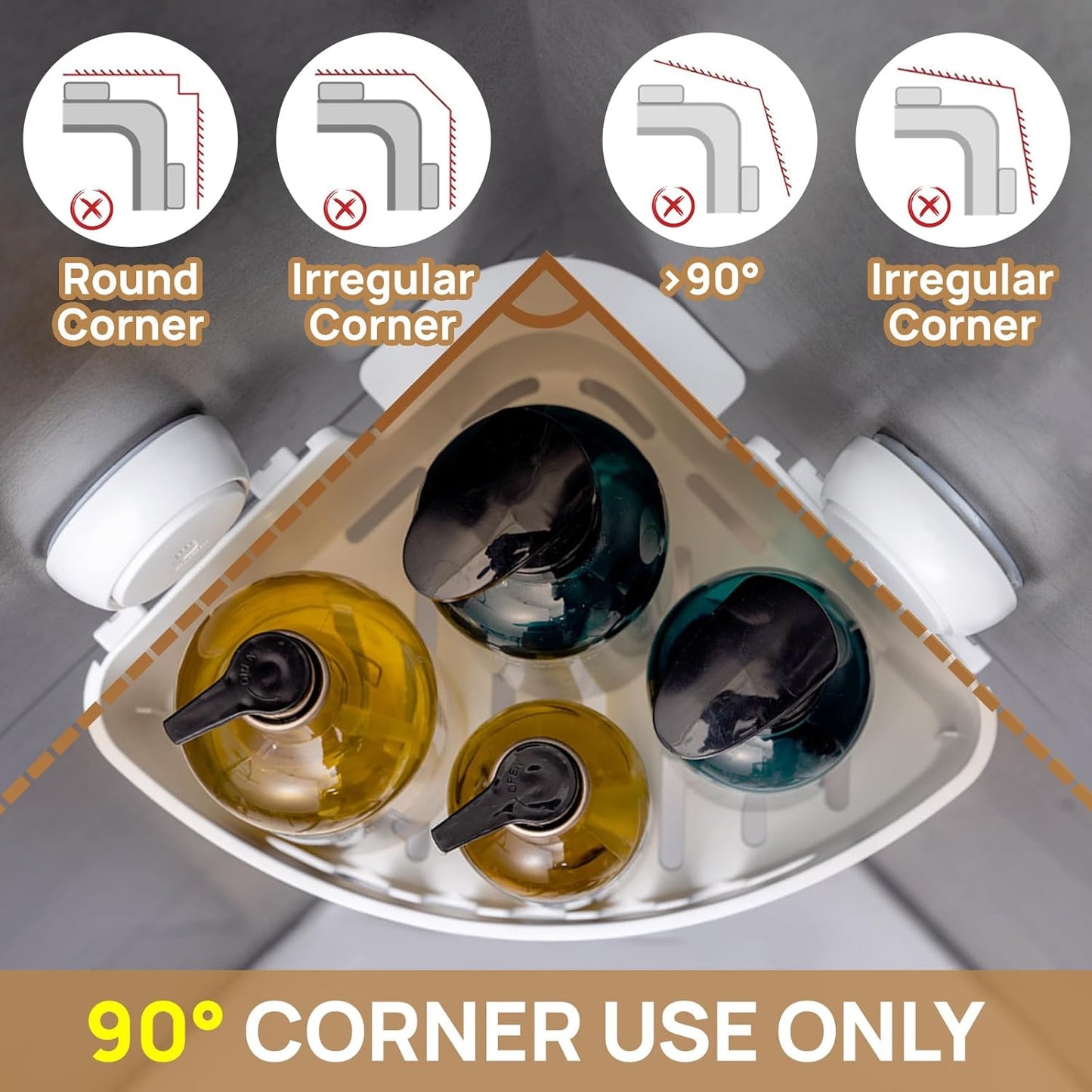 LEVERLOC Corner Shower Caddy Suction Cup, 2 Pack Powerful Suction Bathroom Shower Shelf, Waterproof and Oil-Proof Organizer for Bathroom and Kitchen, No-Drilling Removable