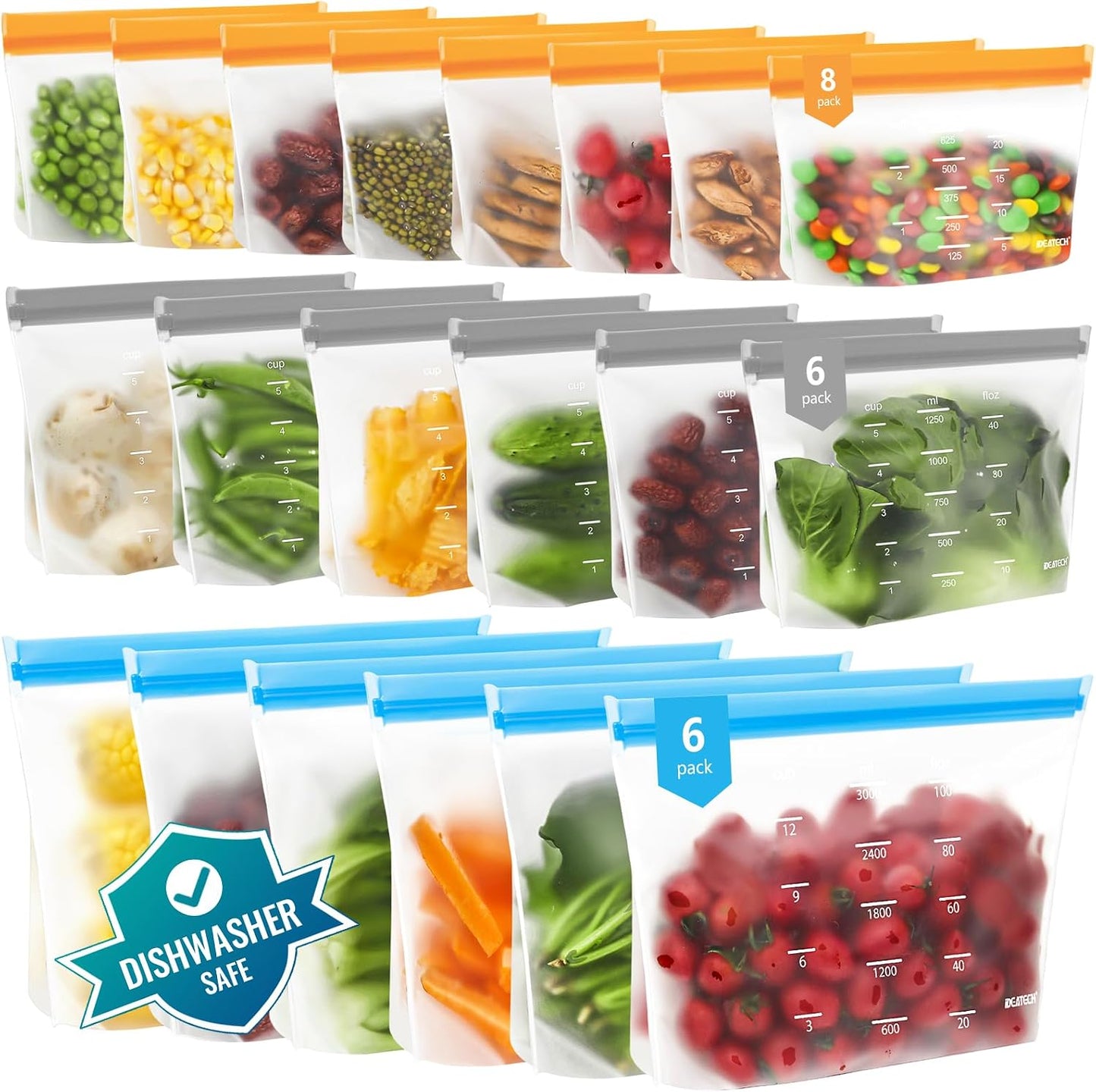 Dishwasher Safe Reusable Storage Bags Stand Up - BPA Free PEVE Reusable Sandwich Bags - Leakproof Gallon Freezer Bags, Silicone Food Storage Bags (20 Pack- 6Gallon+6Sandwich+8Snack)