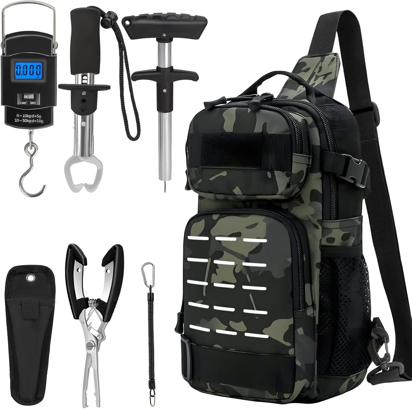 THKFISH 7 Pcs Fishing Tool Kit, Fishing Backpack with Fishing Pliers Tackle Kits, Fish Hook Remover Tools, Fish Plier with Sheath and Tool Lanyards, Digital Fishing Weight Scale