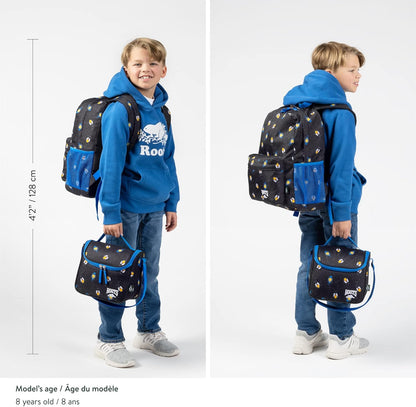 Roots Essential 3-in-1 Matching Water Resistant Kids Backpack and Lunch Bag Set with Bonus Pencil Case - Made From 100% Recycled Fabrics - 22.5 litres, Purple Pink Polka Dot