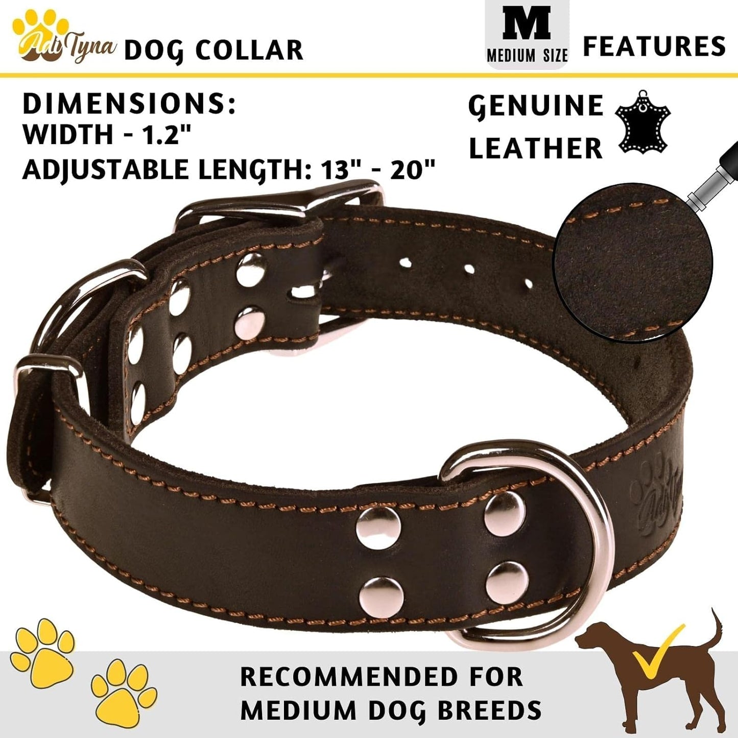 ADITYNA Heavy-Duty Leather Dog Collar for Medium Dogs - Soft and Strong, 100% Genuine Leather - Collier Pour Chien (Medium: Fit 13" - 20" Neck, Brown)