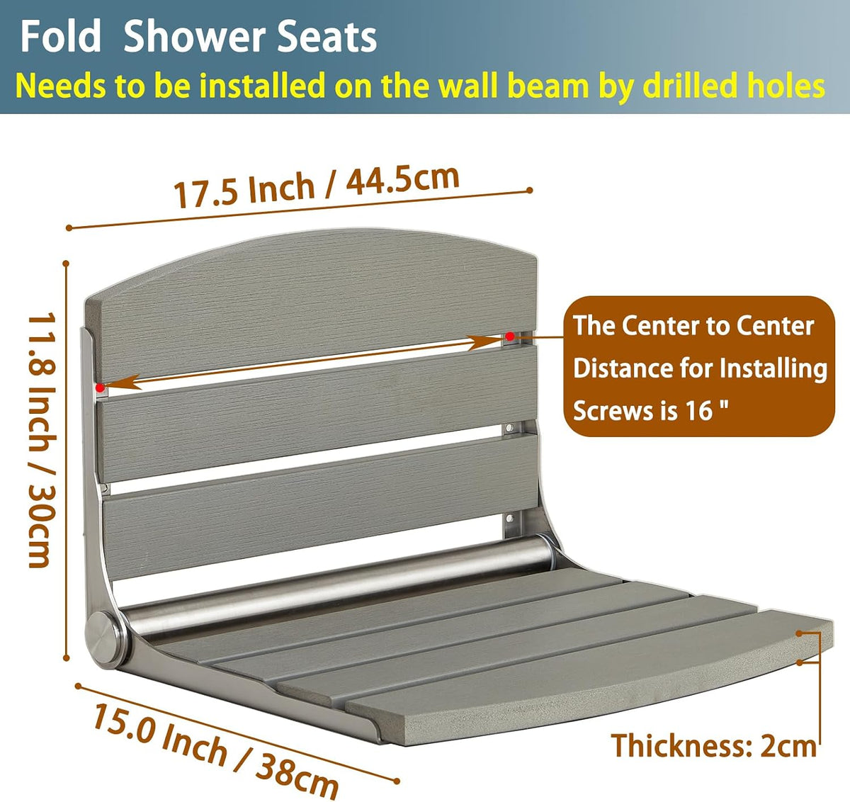 17.5" Folding Shower Seat Wall Mounted,Foldable Shower Bench,Fold Down Shower Seat,Folding Shower Seat Bench,Wall Mount Shower Seat Bench Chair (Grey) | save space