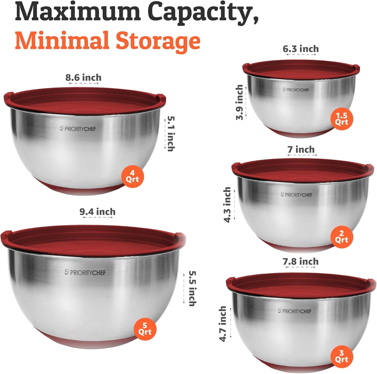 Priority Chef Premium Mixing Bowls with Lids Set, Airtight Lids, Thicker Stainless Steel Mixing Bowl Set, Large Prep Metal Bowls, Nesting Bowls for Kitchen, 1.5/2/3/4/5 Qrt, Red