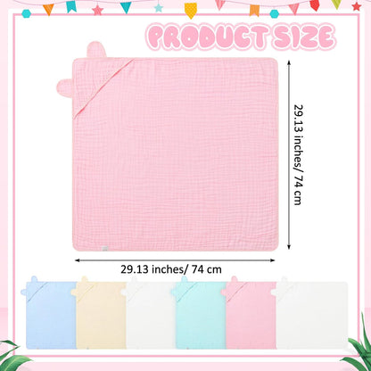 Preboun 6 Pcs Muslin Baby Bath Towel with Hood 6 Layers Cute Hooded Baby Towels Cotton Absorbent Baby Hooded Towel for Newborn Kids Girl Infant Boys Toddler Shower Gift Supplies (Multicolor)