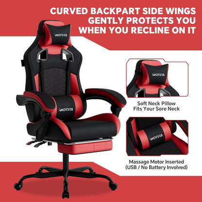 Gaming Chair with Footrest,High Back with Massage Reclining Computer Chair， Big and Tall Racing Gaming Chair Ergonomic Game Chair for Adults PVC Leather (Red)