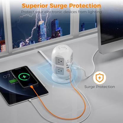 Purilite Select Flat Plug Tower Power Bar with Surge Protector